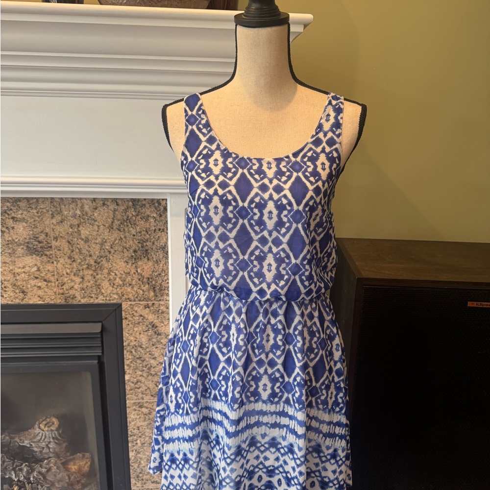 Blue and White Patterned Women's Dress XS